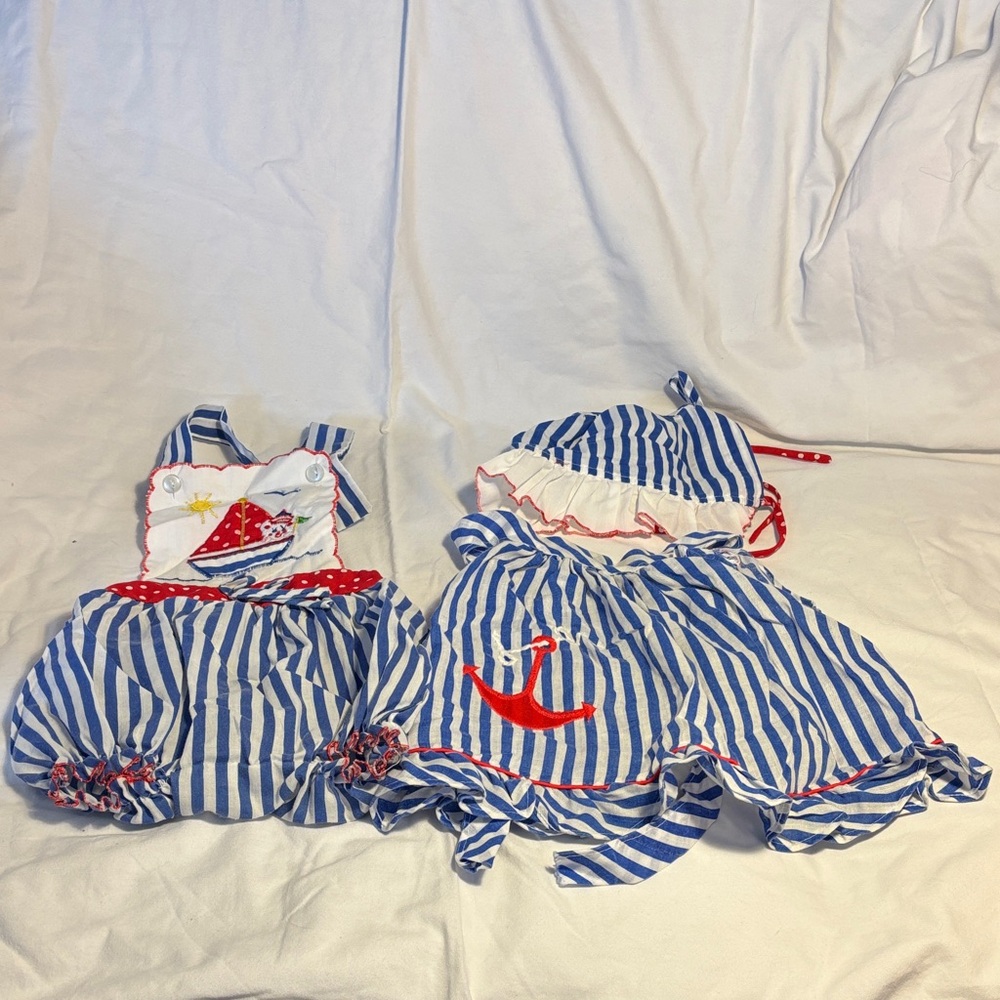 Vintage Cradle Togs Blue and White Striped Kids Matching Set